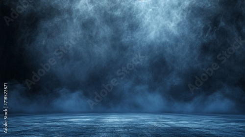 abstract image of dark blue room concrete floor panoramic view of the abstract fog white cloudiness, space for product presentation ,mist or smog moves on dark blue background photo