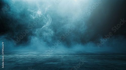abstract image of dark blue room concrete floor panoramic view of the abstract fog white cloudiness  space for product presentation  mist or smog moves on dark blue background