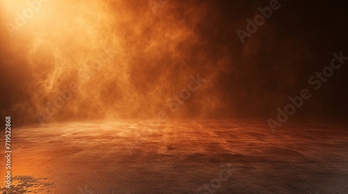 abstract image of dark orange room concrete floor panoramic view of the abstract fog white cloudiness, space for product presentation ,mist or smog moves on dark orange background photo