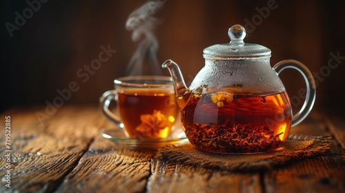 Realistic photo image. close-up of a teapot and a glass mug filled with steaming tea, on a wooden table. black background. no text 