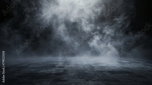 abstract image of dark room concrete floor panoramic view of the abstract fog white cloudiness  space for product presentation  mist or smog moves on black background
