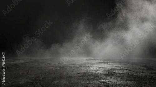 abstract image of dark room concrete floor panoramic view of the abstract fog white cloudiness  space for product presentation  mist or smog moves on black background