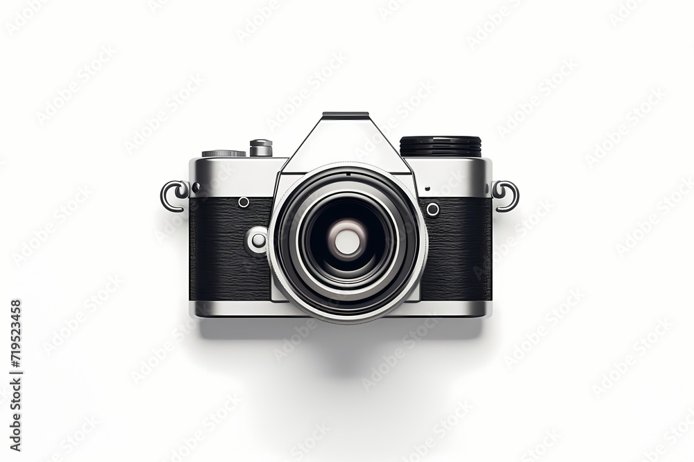 A minimalistic logo of a sleek and modern camera in shades of black and silver. Isolated on a white solid background