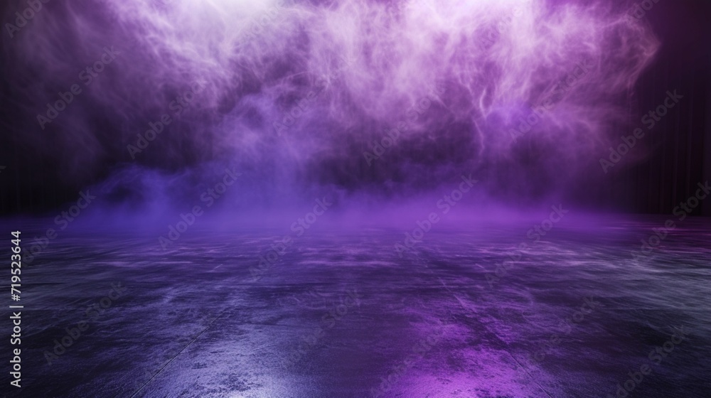 A panoramic view of a dark room, its glossy concrete floor reflecting a mysterious purple mist that drifts across a violet background.