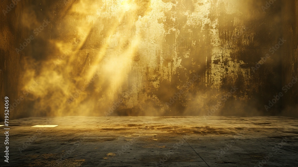 A vast, somber room with a concrete floor, a golden fog swirling mysteriously against a deep gold background.