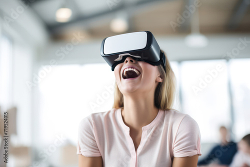 Cyber Fun: Smiling Woman in Virtual Reality Headset Enjoying Futuristic VR Gaming