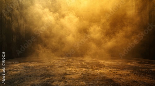 A vast, somber room with a concrete floor, a golden fog swirling mysteriously against a deep gold background.