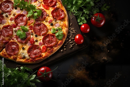 Pepperoni pizza on white clean background, delicious tasty pepperoni pizza on dark black table counter, copy space, top view, above, flat lay, banner, menu, pizzeria, restaurant.