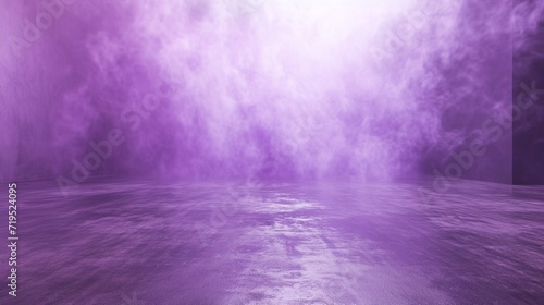 A wide  dim room with a concrete floor  where a soft lavender fog flows against a pastel purple background.