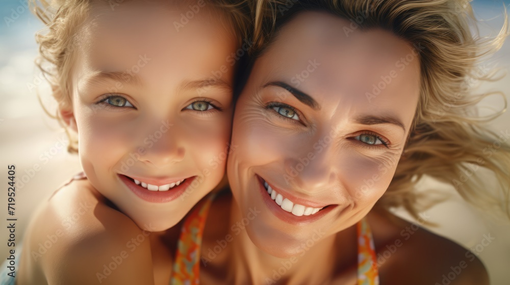 Smiling mom with her cute little daughter on the beach in summer. Family on vacation and travel. Closeup portrait. AI Generated Smiling mom with her cute little daughter on the beach in summer. Family on vacation and travel. Closeup portrait. AI Generated