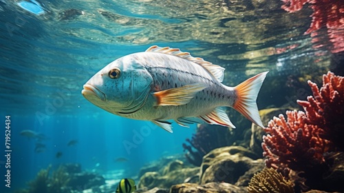 Coral reef with a large fish in the ocean. Underwater world.