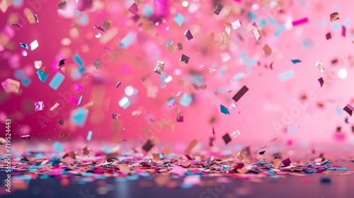Black room floor with a cascade of sparkling, multi-colored confetti against a pastel pink background.