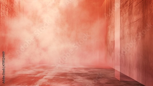 A broad, murky space with a concrete floor, enveloped in a soft coral fog against a peach background. photo