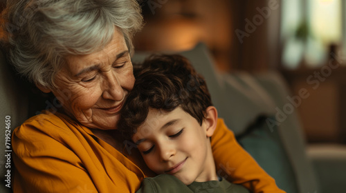 grandmother is embracing her young grandson with a tender smile