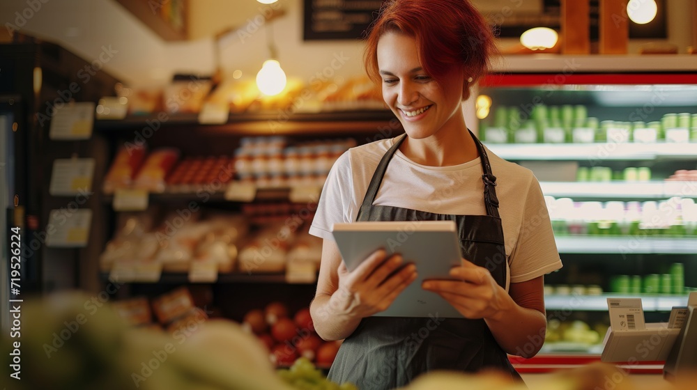 Smiling pretty female supermarket worker looking at a digital tablet screen	