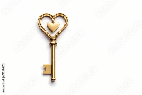 A single golden key with a heart-shaped handle isolated on a white solid background © Hunny