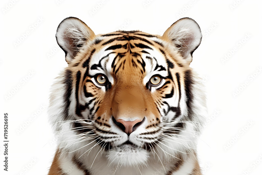 A curious orange and white tiger face isolated on white