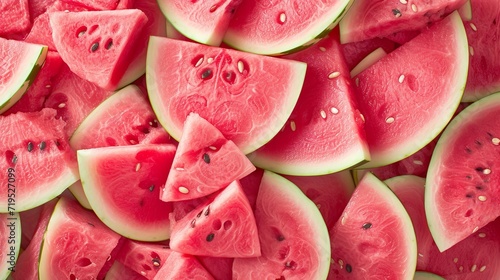 Vibrant and refreshing macro close up of juicy and freshly sliced watermelon wedges, top view photo