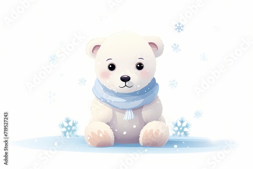A cute, minimalistic cartoon polar bear cub sitting on an ice block, surrounded by colorful snowflakes, isolated on a white solid background © Hunny