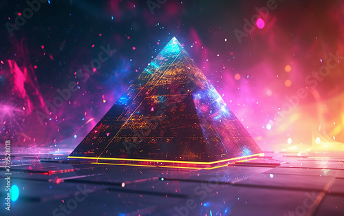 pirâmide, uma imagem colorida de fantasia com uma pirâmide, em estilo ciano escuro e âmbar, espaço infinito, inscrições em neon, photo