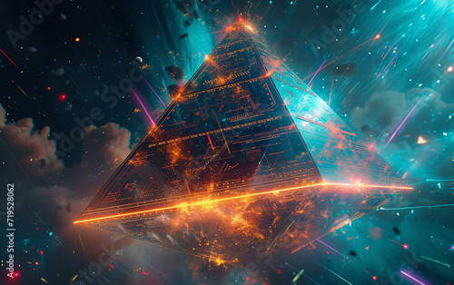pirâmide, uma imagem colorida de fantasia com uma pirâmide, em estilo ciano escuro e âmbar, espaço infinito, inscrições em neon, photo