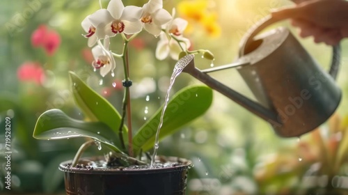  close-up of a small watering can held by a woman's hand, watering a beautiful potted orchid, placed in a living room on a piece of furniture near a large window.