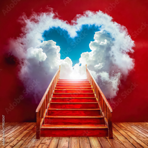 Montée d'un escalier rouge en bois vernis vers une ouverture en forme de coeur nuageux, Saint Valentin, mariage, sentiment d'amour et de romantisme 