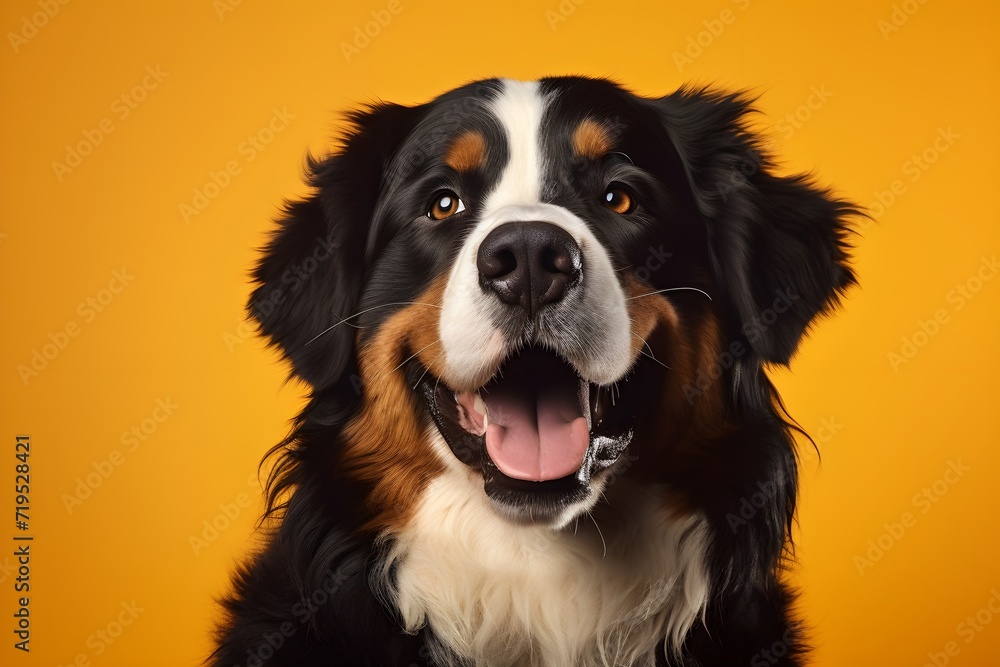 Portrait of happy Bernese mountain dog on a yellow background.