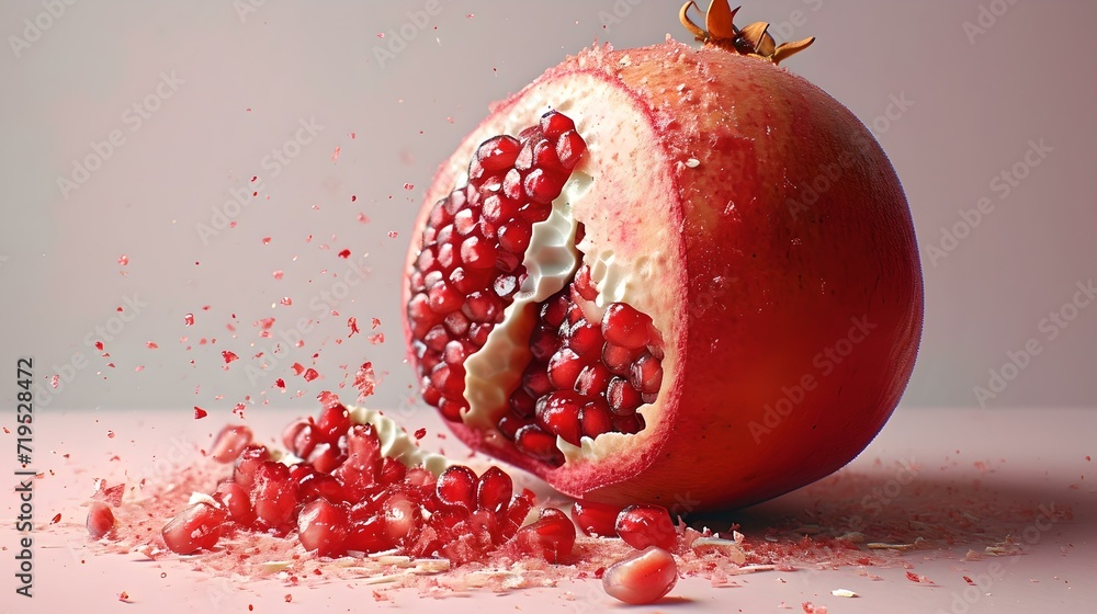 Fresh pomegranate bursting open with seeds scattering. vibrant colors in a dynamic still life. perfect for culinary and health themes. AI Fresh pomegranate bursting open with seeds scattering. vibrant colors in a dynamic still life. perfect for culinary and health themes. AI