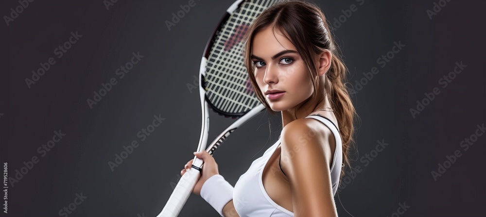Intense female tennis player in action, focused gaze, dynamic movement, dark background Intense female tennis player in action, focused gaze, dynamic movement, dark background