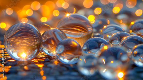 Clear glass marbles catching the sunlight and casting warm reflections, forming an engaging and vibrant abstract scene