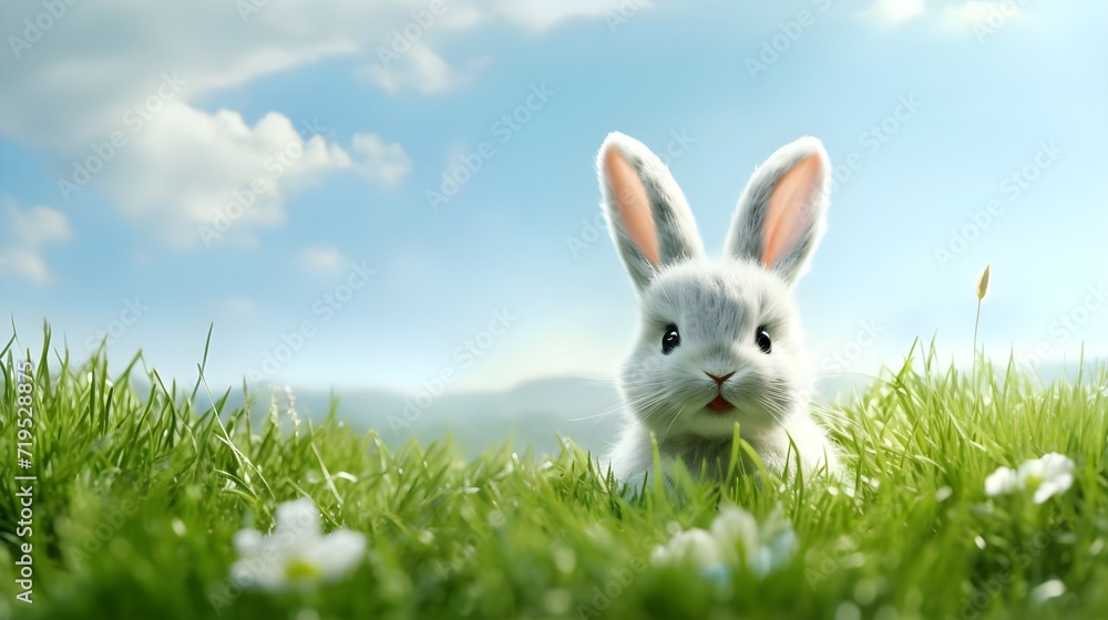 Obraz premium Cute bunny on green grass against blue sky. Easter holiday concept.