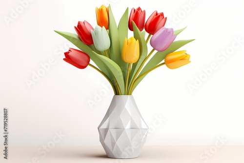 A sleek  white geometric vase holding vibrant  multicolored tulips  isolated on white solid background