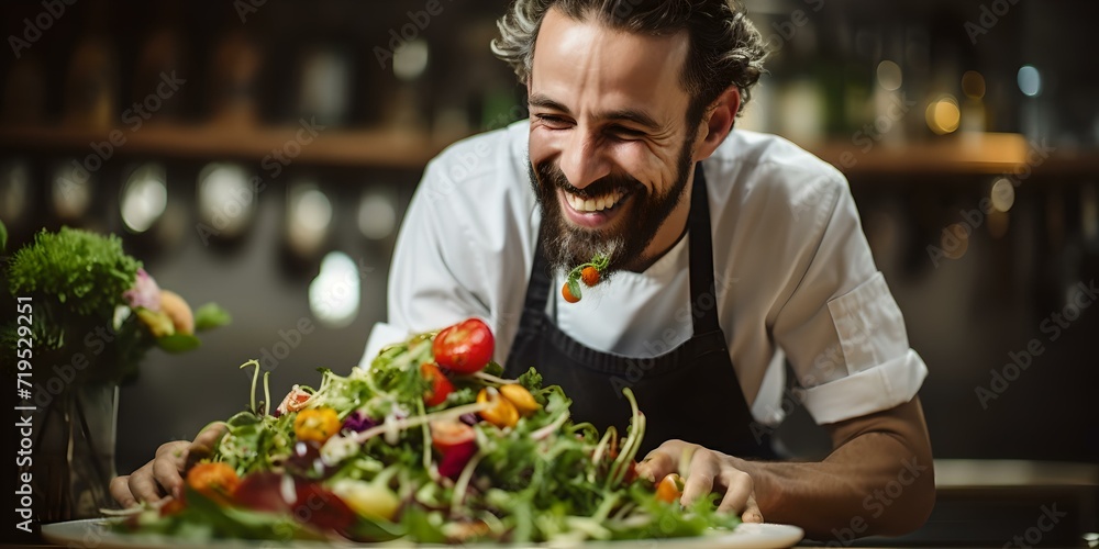 Cheerful chef presenting a colorful vegetable salad in a restaurant kitchen. fresh ingredients, healthy food. AI Cheerful chef presenting a colorful vegetable salad in a restaurant kitchen. fresh ingredients, healthy food. AI