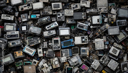 Piles of eWaste. Ecology and save nature concept, post-apocalyptic concept. Banner, poster, flyer, wallpaper. 