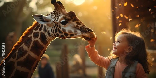 Young girl feeding a giraffe amid golden sunlight. a moment of human-animal bond. enchanting nature encounter. AI © Irina Ukrainets