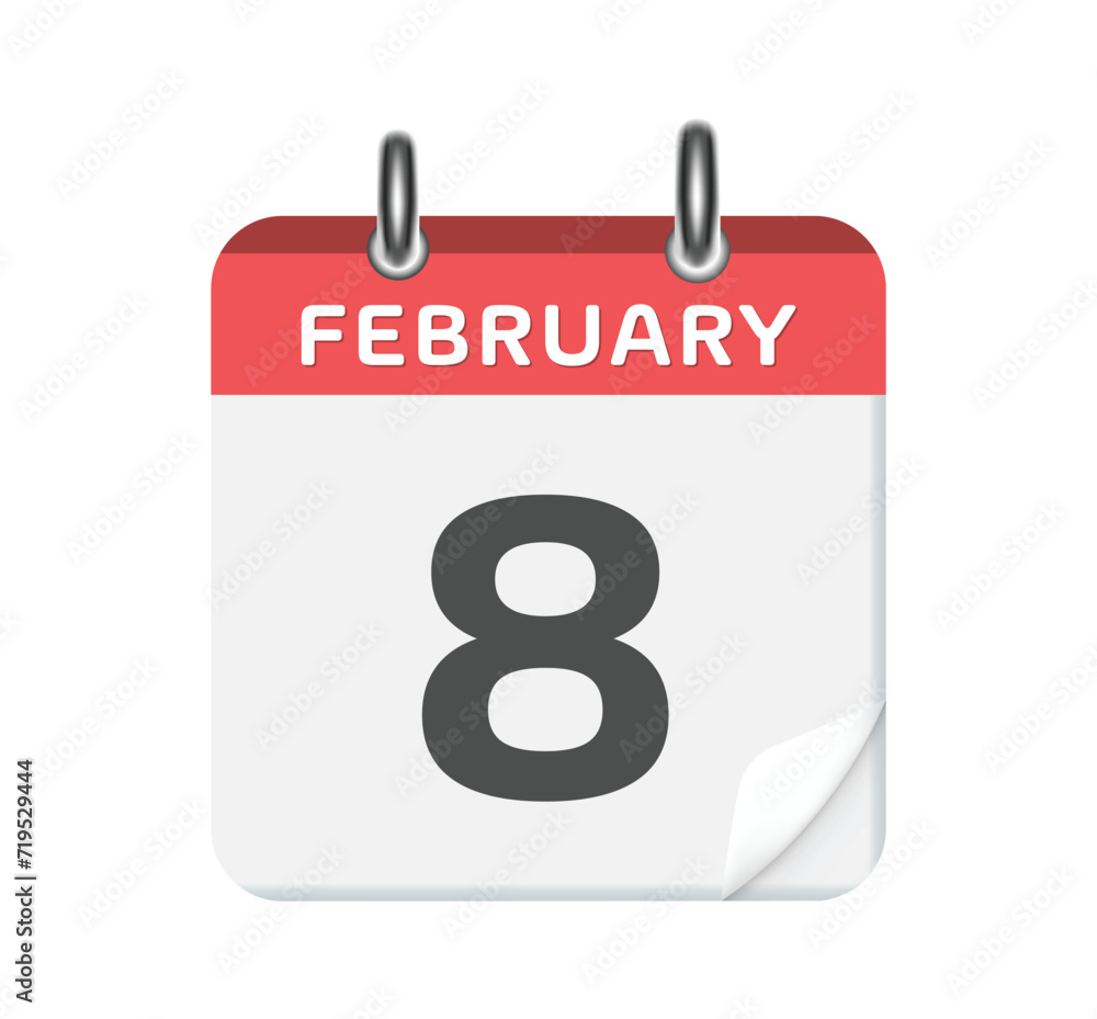 February 8. Calendar leaf on white background. February 8. Calendar leaf on white background.