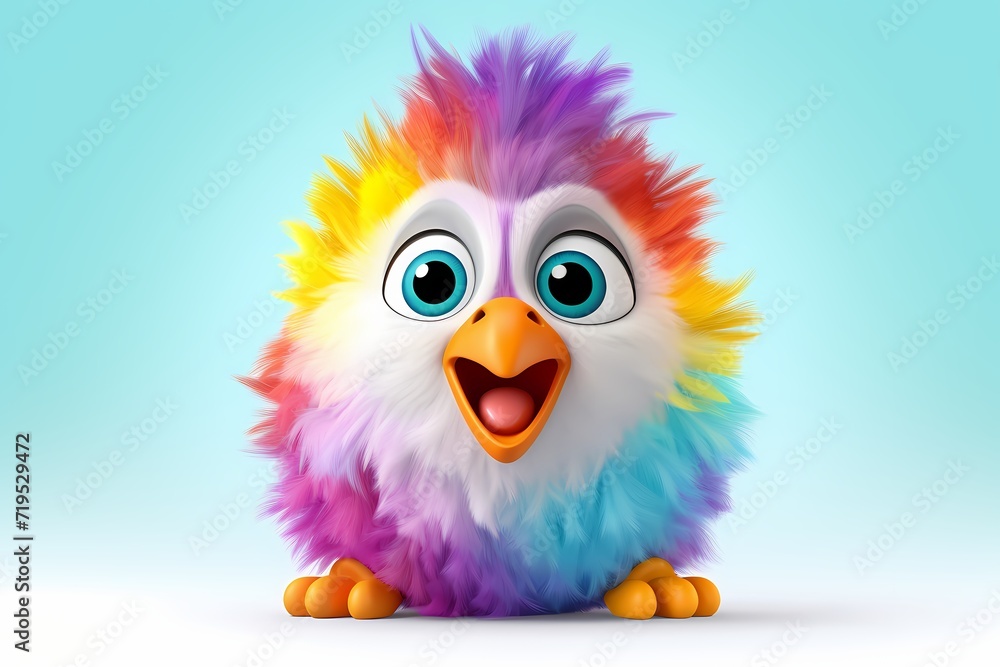 A small, white cartoon chick hatching from a colorful Easter egg, with a bright and happy expression, isolated on a white solid background