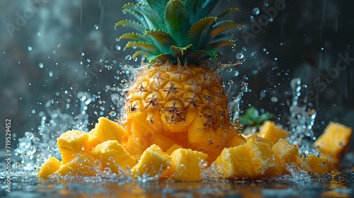 Fresh pineapple and splashing water on a dark background. vibrant tropical fruit image perfect for food blogs. juicy and fresh visual. AI photo
