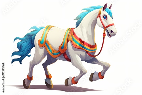 A small, white cartoon horse with a colorful saddle, trotting happily, isolated on a white solid background