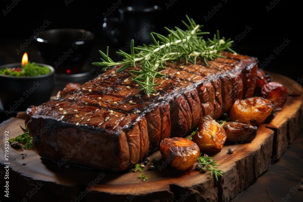 Succulent grilled steak on the rustic wood plate ready to eat the freshness generated by AI, generative IA