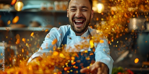 Joyful chef cooking with flames in commercial kitchen. high-energy professional cooking. creative culinary performance captured. AI