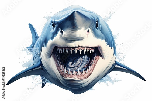 A fierce shark face in blue and white on a white background