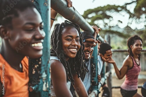 Young millennials african american friends on outdoor gym happy black people having fun together generation z