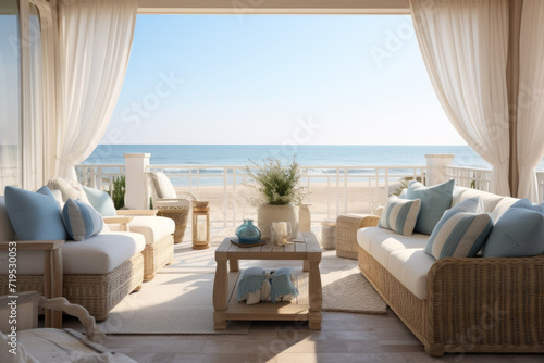 table and chairs on the terrace of a hotel at the beach