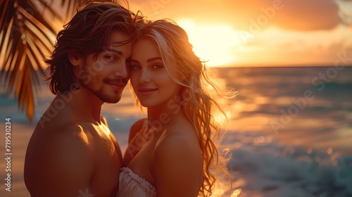 Romantic couple enjoying sunset at beach, love and togetherness concept, serene seaside photography. AI © Irina Ukrainets