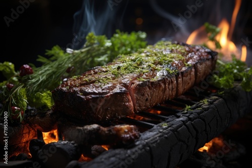 A steak being baked in the fire with a sprig of green grass over it., generative IA