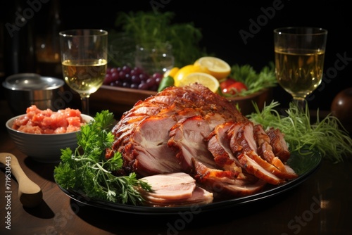 A plate of smoked meat of turkey meat and ham served with white wine, generative IA