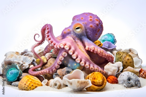 A smiling octopus playing with colorful seashells underwater, isolated on white solid background © Hunny