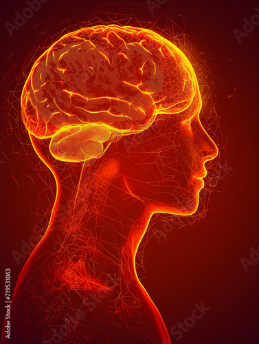 human head and brain with highlighted color vector illustration, in the style of dark orange and red,